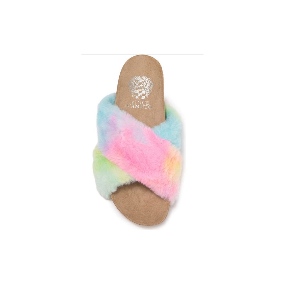 Vince Camuto Faux Fur Sandals, Tie-Dye, Hot Pink Slides